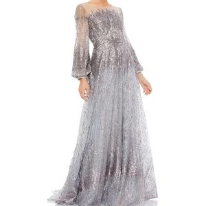 JEWEL ENCRUSTED ILLUSION LONG SLEEVE A LINE GOWN MAC DUGGAL